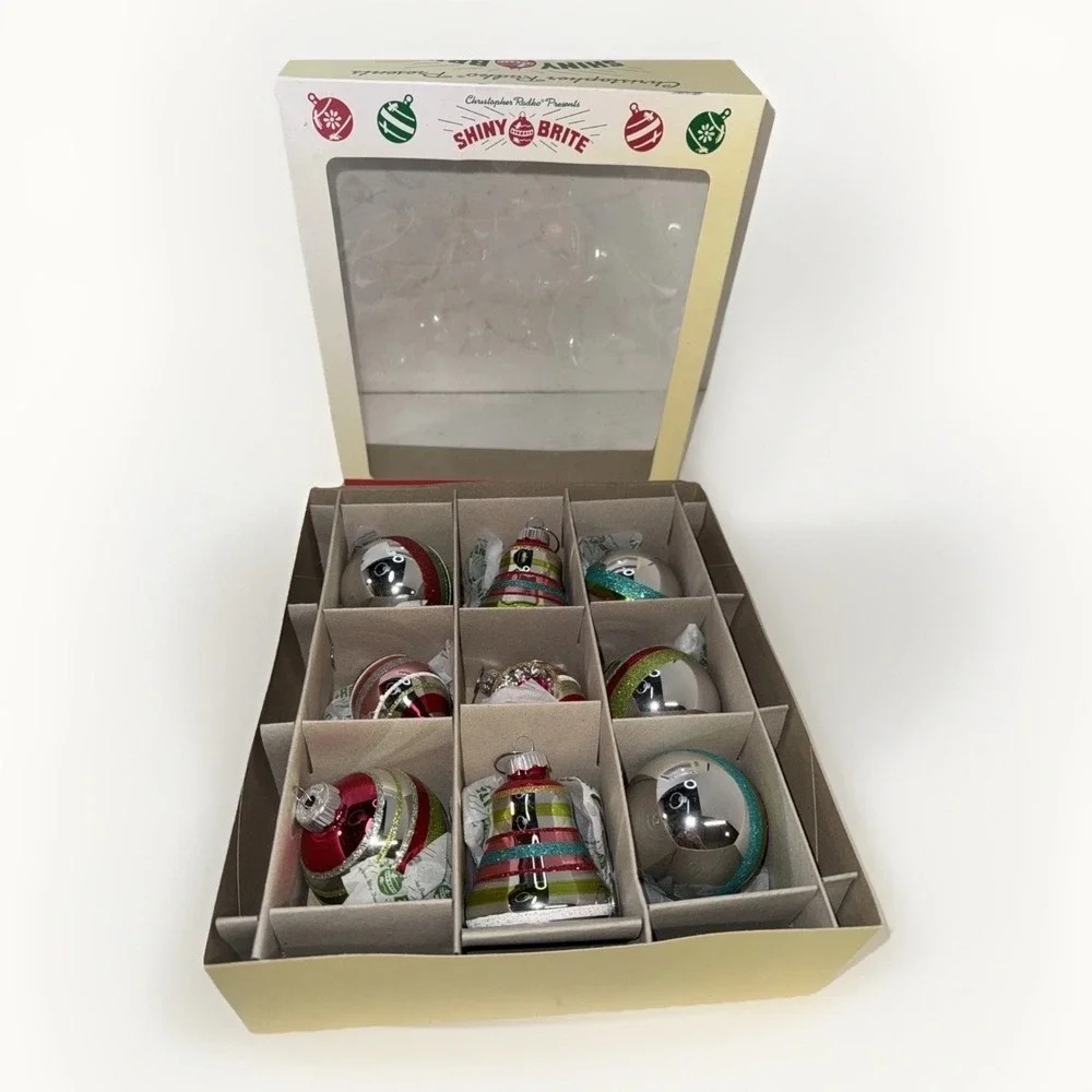 Christopher Radko SHINY BRITE Glass Ornaments Set of 9 Indents‎ Bells Striped
